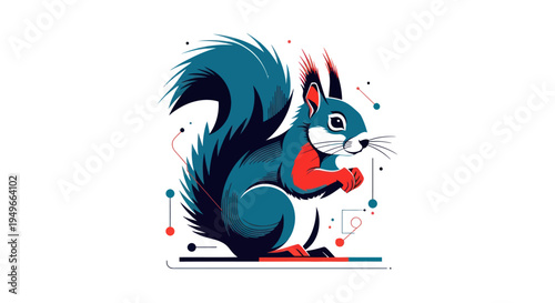 Stylized squirrel illustration with vibrant colors and geometric design on white