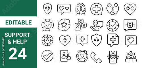 Support and Help icon set.Charity Line Icons Set with Donation Care and Medical Support Editable Stroke Vector