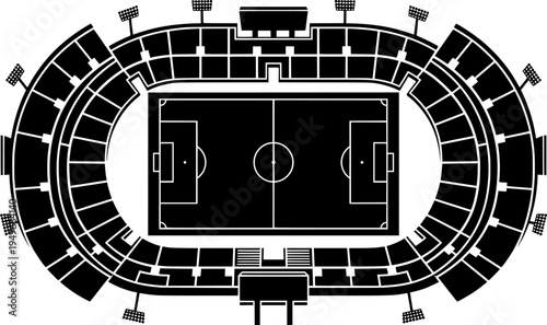 Football pitch. Soccer field line style. Black outline court and stadium scheme on white background.
