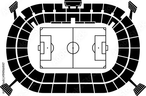 Football pitch. Soccer field line style. Black outline court and stadium scheme on white background.
