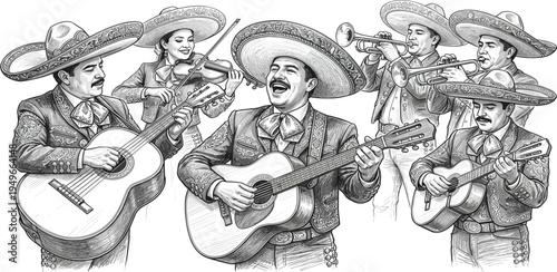 A lively group of traditional Mexican mariachi musicians joyfully performing with various instruments, capturing the vibrant spirit of a cultural celebration