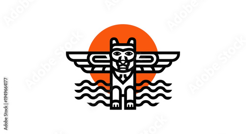 Stylized totem pole artwork against a red sun symbol on white