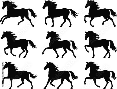 Running horse silhouette set collection isolated vector illustration showing galloping horses in different poses black animal design