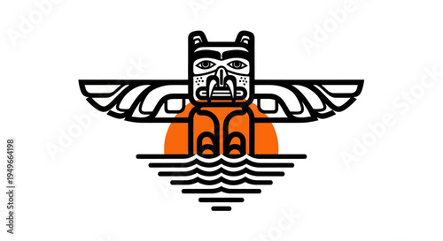 Stylized totem pole illustration against a white background with orange accents