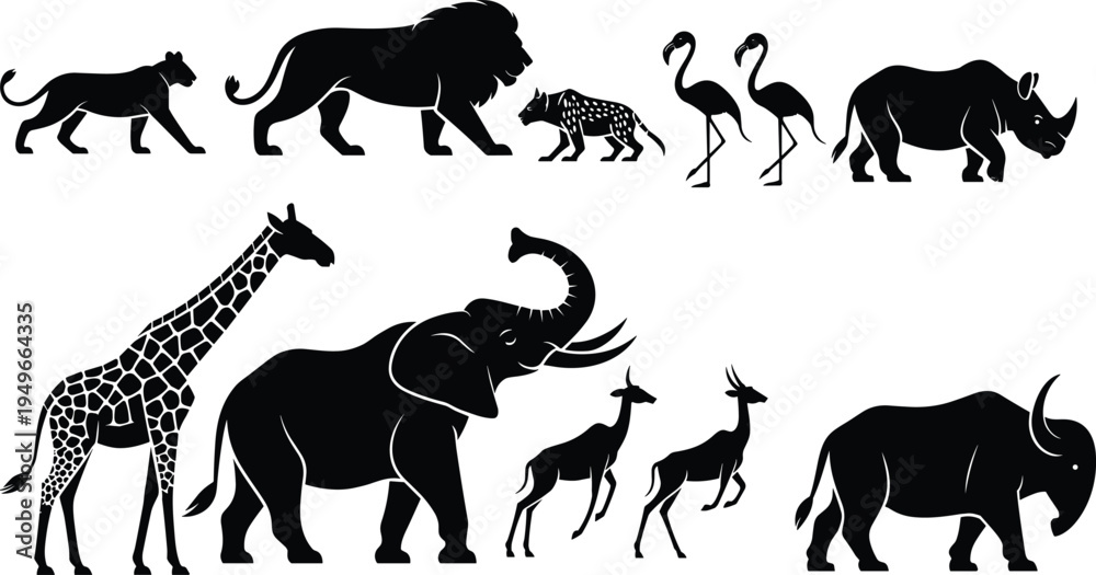 Obraz premium African wildlife animal silhouette set including lion elephant giraffe rhino flamingo antelope and buffalo safari vector illustration collection