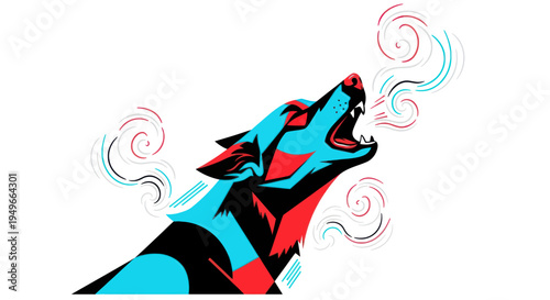Stylized wolf howling with dynamic lines and vibrant colors on white background