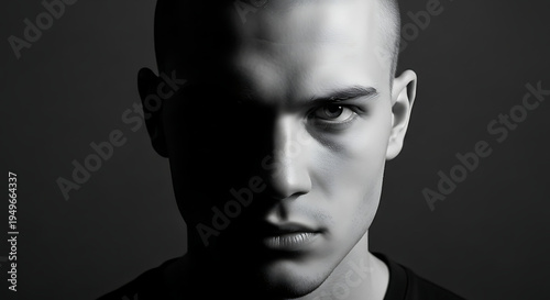 Dramatic black and white portrait of a serious young man with a shaved head, half his face in deep shadow.