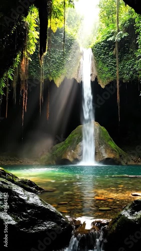 Sunlight streams through lush foliage onto a cascading waterfall into a clear