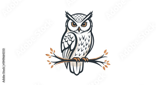 Wise owl perched on branch vector illustration isolated on white background