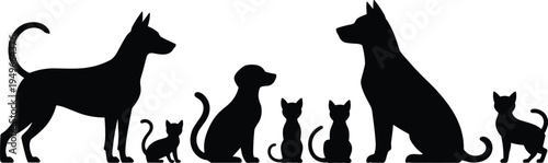 Dog and cat pet silhouette collection isolated vector illustration showing domestic animals in different sizes and poses black design