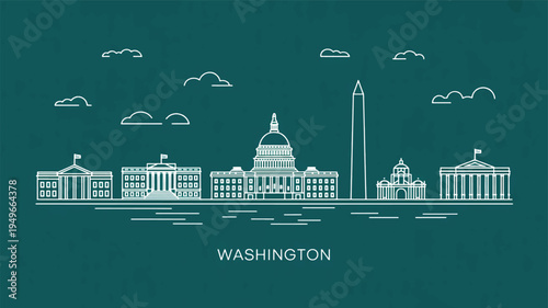 Aerial view of Washington DC cityscape with iconic buildings and clouds