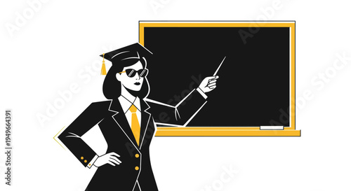 Woman with pointer and blackboard illustration for education or presentation