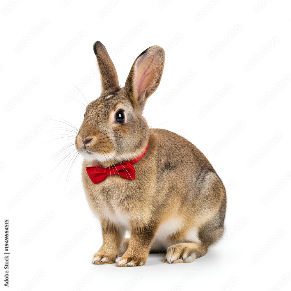 Fototapeta premium Cute brown rabbit wearing a red bow tie on a white background.