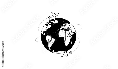 International flight route globe airplane vector icon