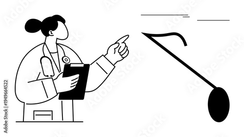 Female doctor with stethoscope and clipboard pointing at a chart, emphasizing learning and analysis. Ideal for healthcare, education, diagnostics, innovation, training, medicine teamwork. A simple