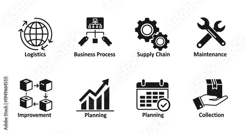 Icons representing logistics business processes supply chain and maintenance