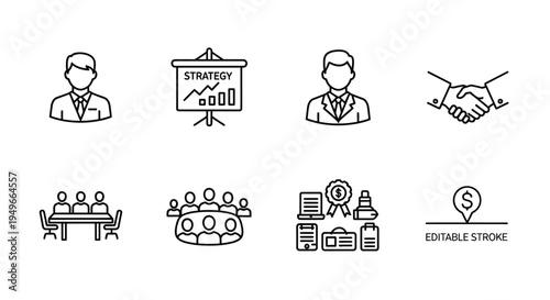 Business icons depicting strategy meetings success and financial growth