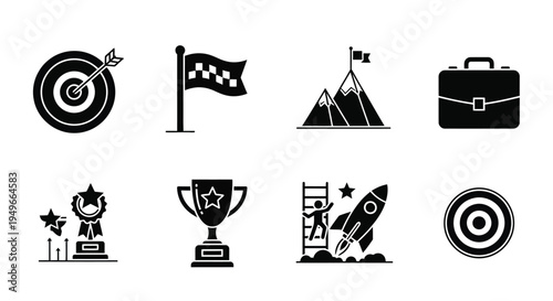 Black silhouette icons representing success goals and professional achievement