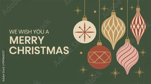 A modern festive Christmas card design featuring ornaments and lights