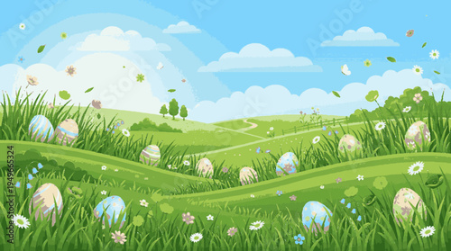 Colorful spring grass and eggs panoramic banner with blue sky white clouds and flowers