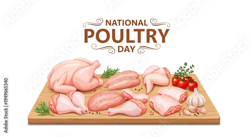 Illustration of raw poultry pieces on a cutting board with herbs and vegetables, celebrating National Poultry Day with a design concept for the poultry industry and food production.
