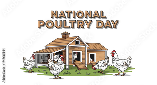 Illustration of chickens and a farmhouse for National Poultry Day with a design celebrating poultry farming and agriculture.