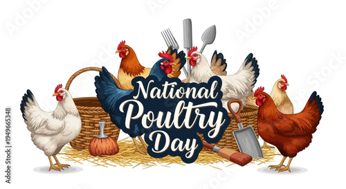 Vector illustration of chickens and farm tools celebrating National Poultry Day with a rustic design and earthy tones.