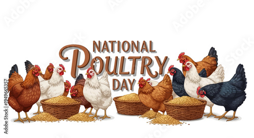 Illustration of chickens eating from baskets on National Poultry Day with a design celebrating poultry farming and agriculture.
