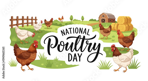 Illustration of chickens and farm elements celebrating National Poultry Day with a rustic background and colorful design.
