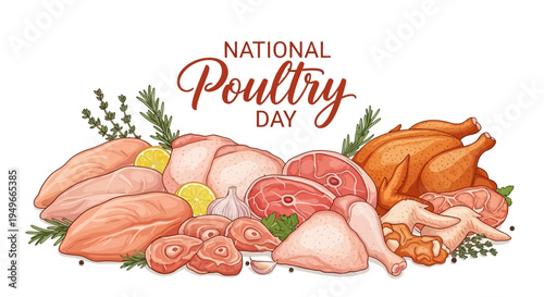 Illustration of various poultry products with herbs and the text 'National Poultry Day' on a white background, highlighting the poultry industry and chicken farming business.