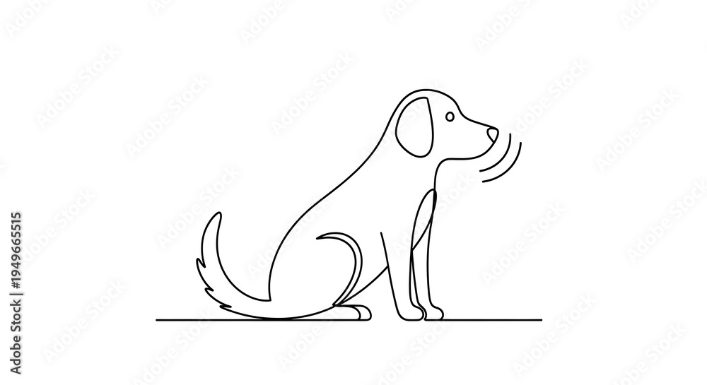 Fototapeta premium A simple black and white line drawing of a dog sitting and barking, with sound waves indicated around its mouth.