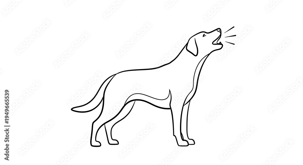 Obraz premium Line art illustration of a dog barking or howling, standing in profile, depicting sound and communication.
