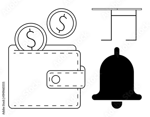 Financial planning, savings, budgeting, notifications, alerts, and transactions. Wallet with dollar coins, notification bell and simple table design. Financial planning and savings concept