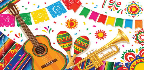 Fiesta Celebration with Mariachi Instruments, Colorful Decorations, and Confetti