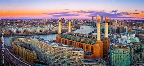 Aerial twilight panorama of Battersea Power Station redevelopment, London UK
