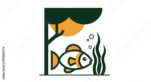 Stylized illustration of a fish in aquatic environment with trees and sun