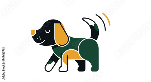Stylized illustration of a happy dog walking with wagging tail
