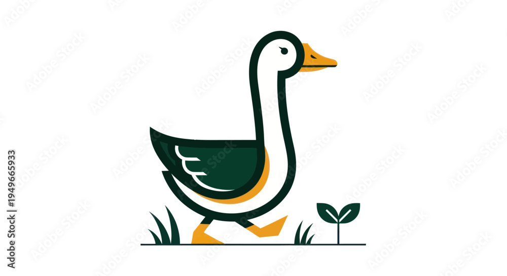 Obraz premium Stylized illustration of a walking goose and plant on white background