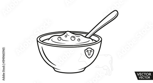 Bowl of Creamy Porridge with Spoon and Cow Icon, Line Art