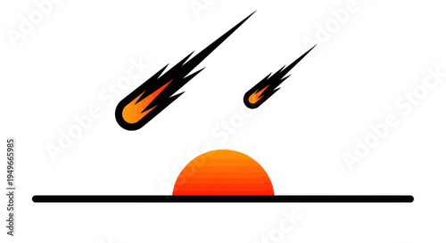 Stylized illustration of celestial phenomena with meteors and sunset