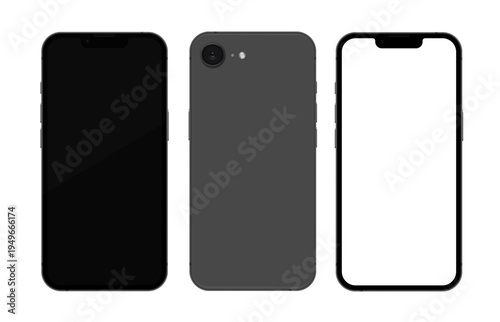 Detailed black mobile phone mockup. Front and rear view isolated on transparent background. Vector PNG