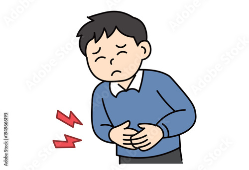 Man suffering from stomach pain and abdominal discomfort in healthcare concept illustration