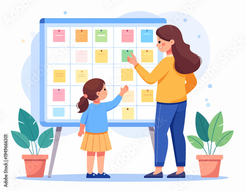 Mother and daughter working together on a large board with sticky notes, planning and organizing tasks in a bright, cheerful setting