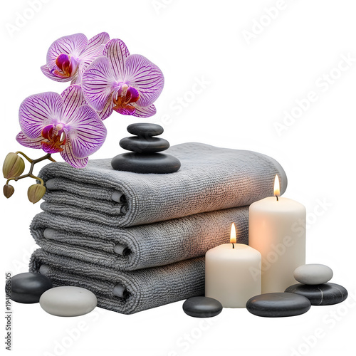 Stacked gray towels with orchids and candles isolated on a transparent background