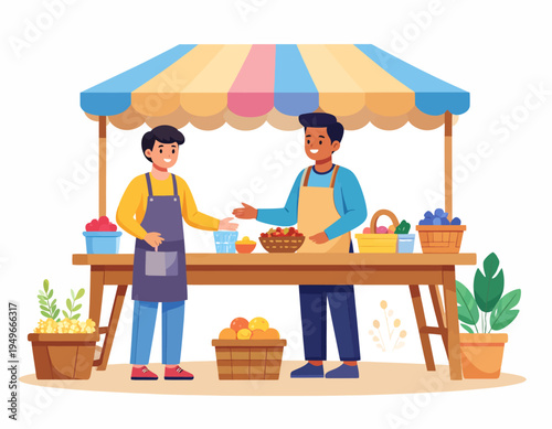 Two friendly vendors showcase an abundance of fresh fruits and healthy produce at their outdoor market stall, promoting local agriculture and sustainable food choices