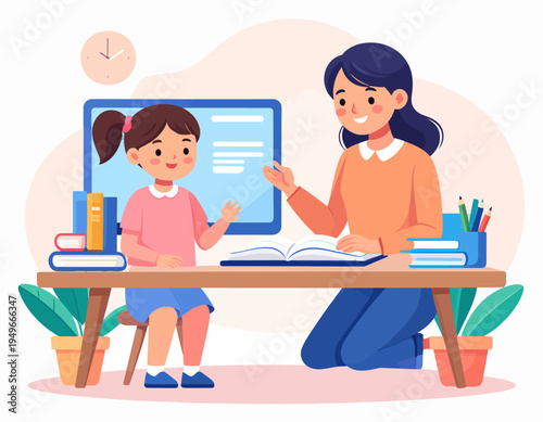 Dedicated female tutor providing personalized educational support to a happy young girl in a comfortable home study environment, fostering a love for learning and academic growth