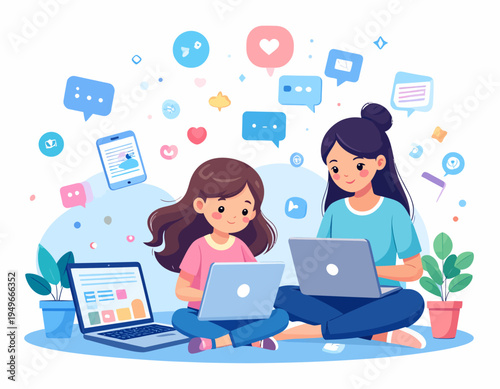 Modern parenting concept showing a mother and daughter engaged with technology, using laptops for online learning and communication