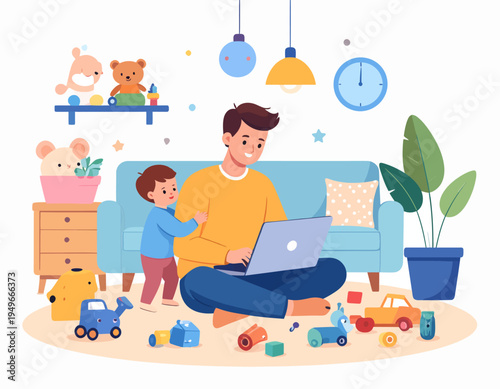 Dedicated Father Engaged in Remote Work on Laptop, Surrounded by Playful Toys and His Curious Child, Illustrating the Dynamics of Work-Life Balance and Modern Parenting at Home