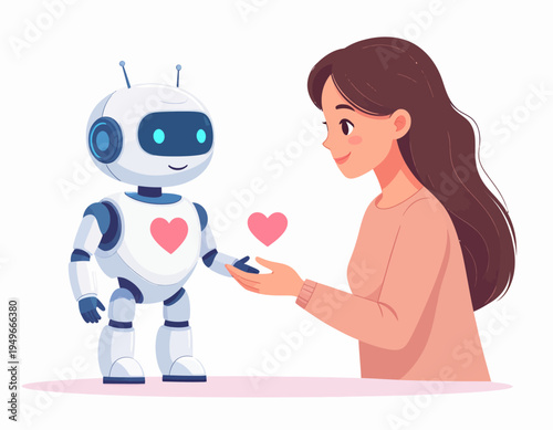 A heartwarming illustration of a woman holding hands with a friendly robot, symbolizing love and connection with artificial intelligence
