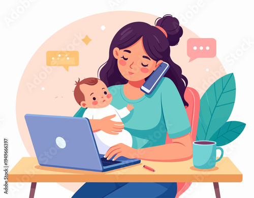 A hardworking mother expertly balances professional duties and childcare, efficiently managing remote work on a laptop and phone while tenderly holding her baby